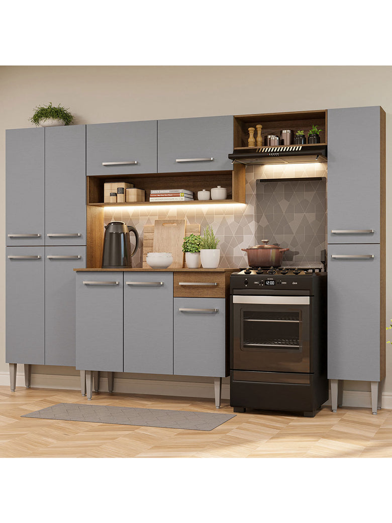 Armário de Cozinha Completa 261cm Rustic/Cinza Emilly Hit Madesa