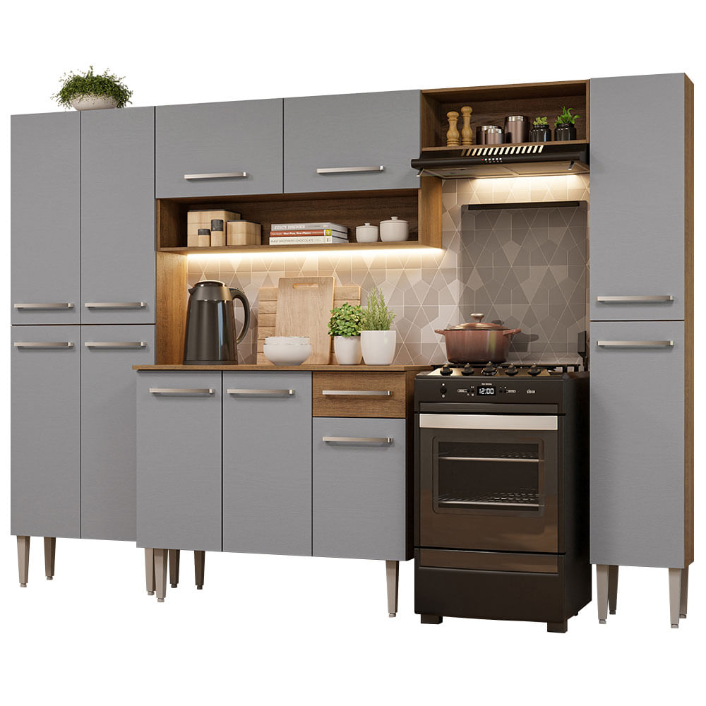 Armário de Cozinha Completa 261cm Rustic/Cinza Emilly Hit Madesa - Rustic/Cinza
