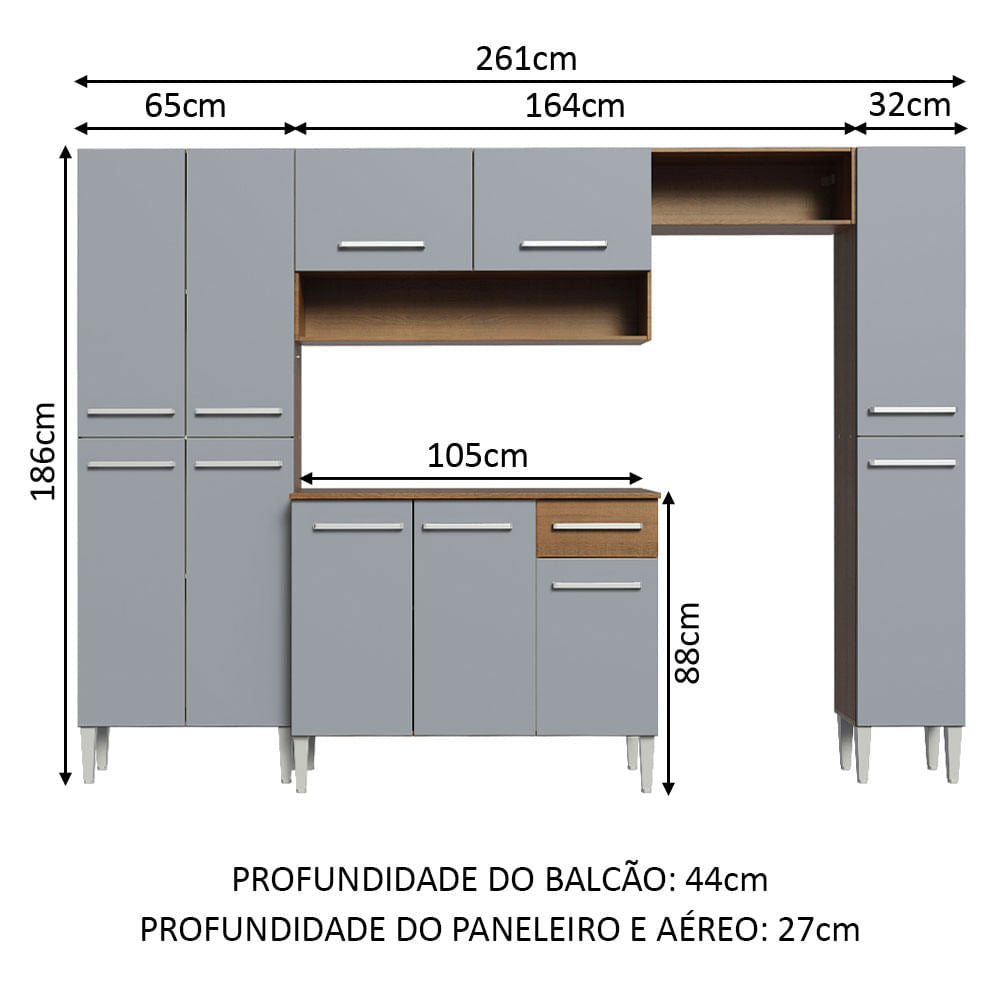 Armário de Cozinha Completa 261cm Rustic/Cinza Emilly Hit Madesa