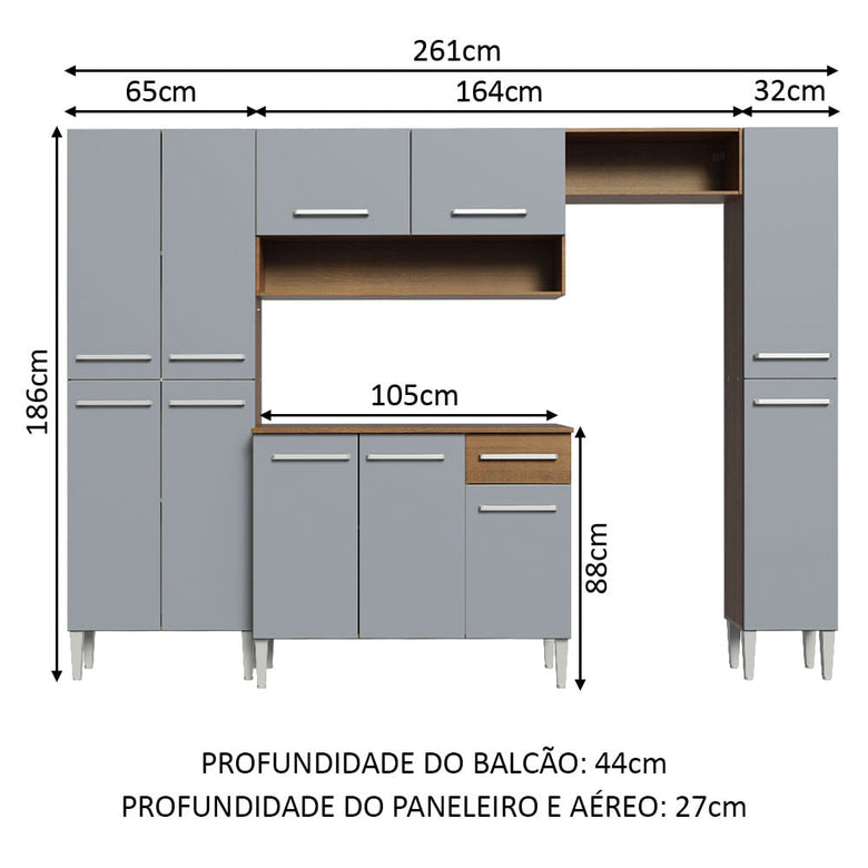 Armário de Cozinha Completa 261cm Rustic/Cinza Emilly Hit Madesa