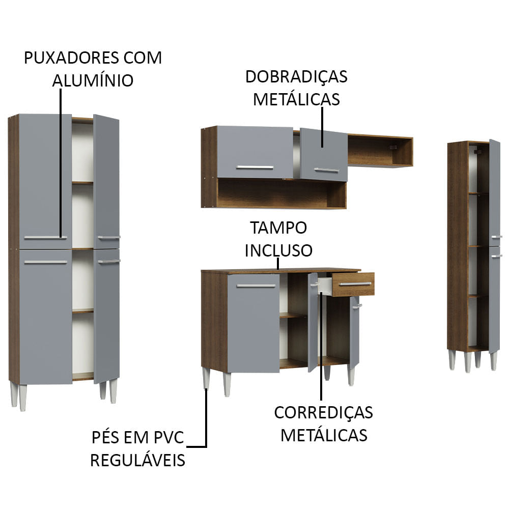 Armário de Cozinha Completa 261cm Rustic/Cinza Emilly Hit Madesa