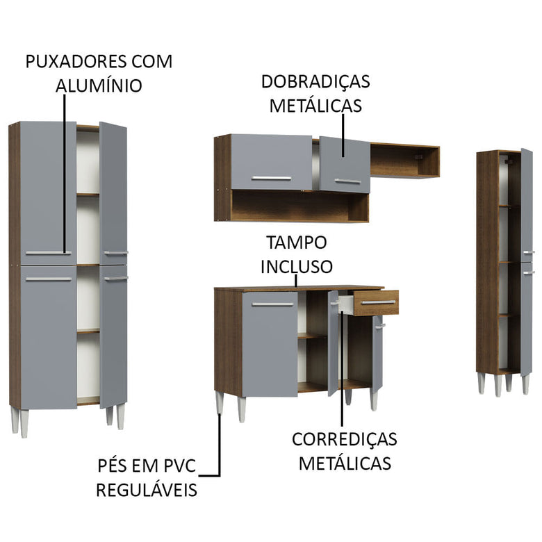 Armário de Cozinha Completa 261cm Rustic/Cinza Emilly Hit Madesa