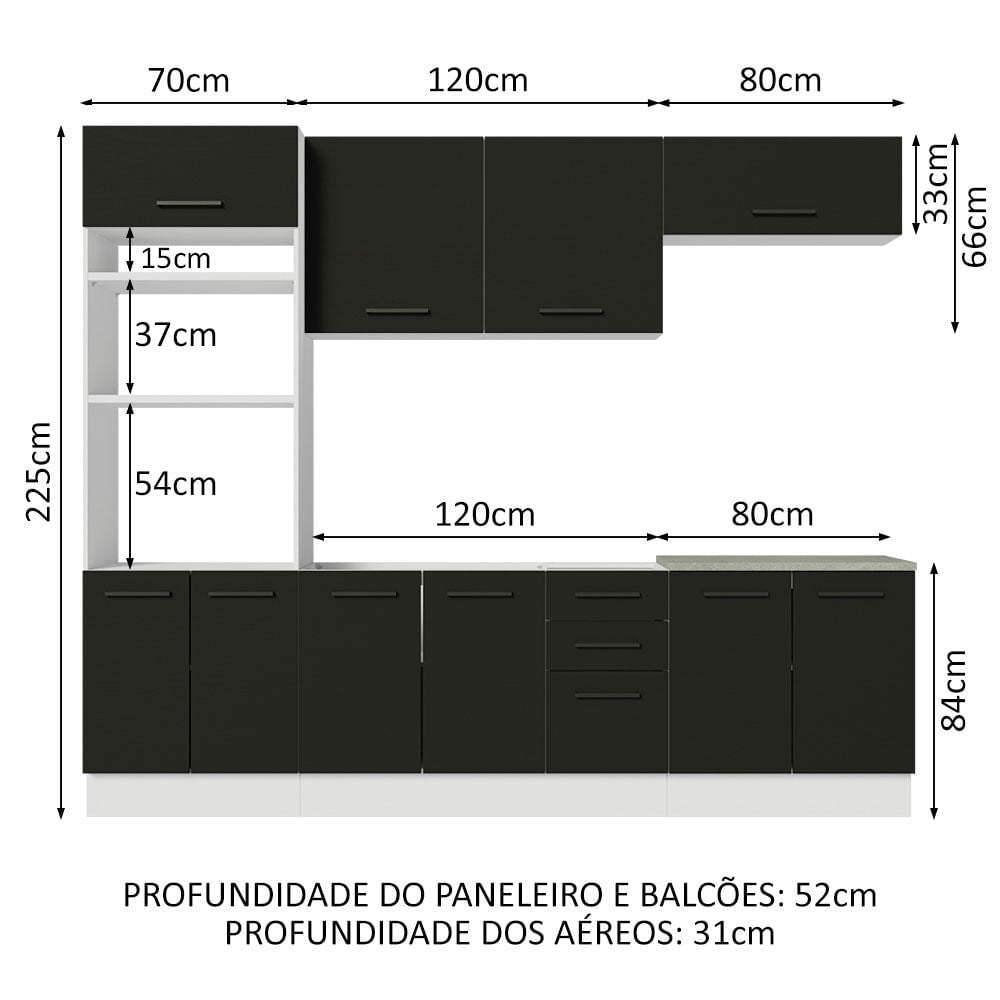 Armário de Cozinha Completa 270cm Branco/Preto Agata Madesa 01