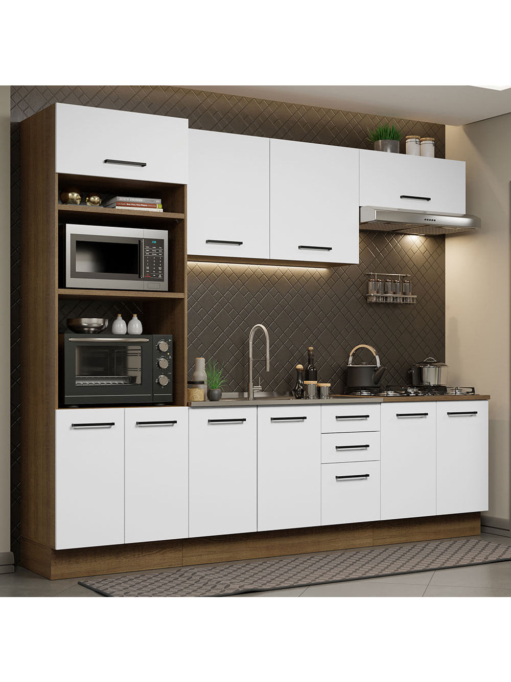 Armário de Cozinha Completa 270cm Rustic/Branco Agata Madesa 01 - Rustic/Branco