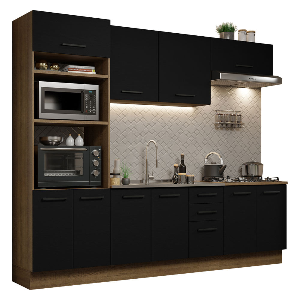 Armário de Cozinha Completa 270cm Rustic/Preto Agata Madesa 01 - Rustic/Preto