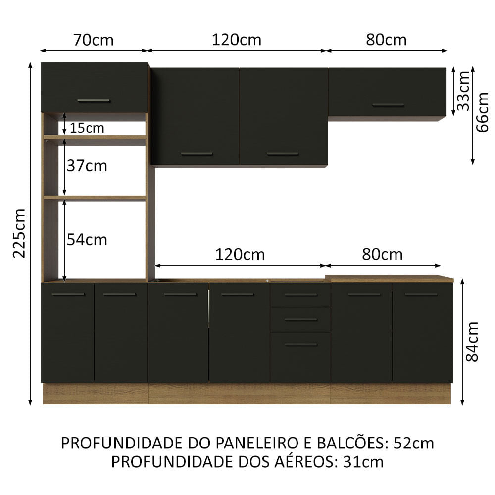Armário de Cozinha Completa 270cm Rustic/Preto Agata Madesa 01