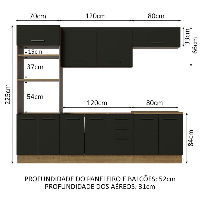 Armário de Cozinha Completa 270cm Rustic/Preto Agata Madesa 01