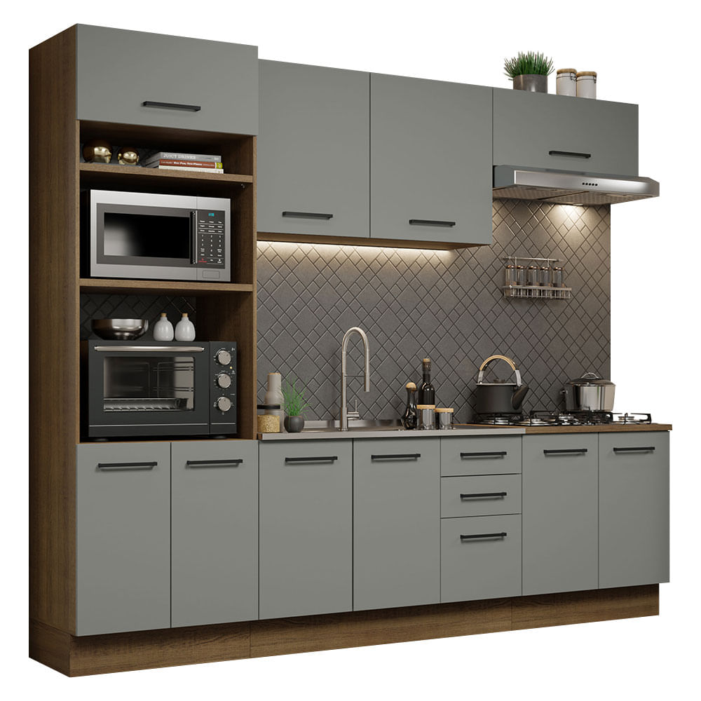 Armário de Cozinha Completa 270cm Rustic/Cinza Agata Madesa 01 - Rustic/Cinza