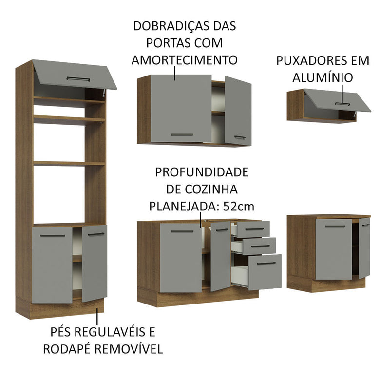 Armário de Cozinha Completa 270cm Rustic/Cinza Agata Madesa 01