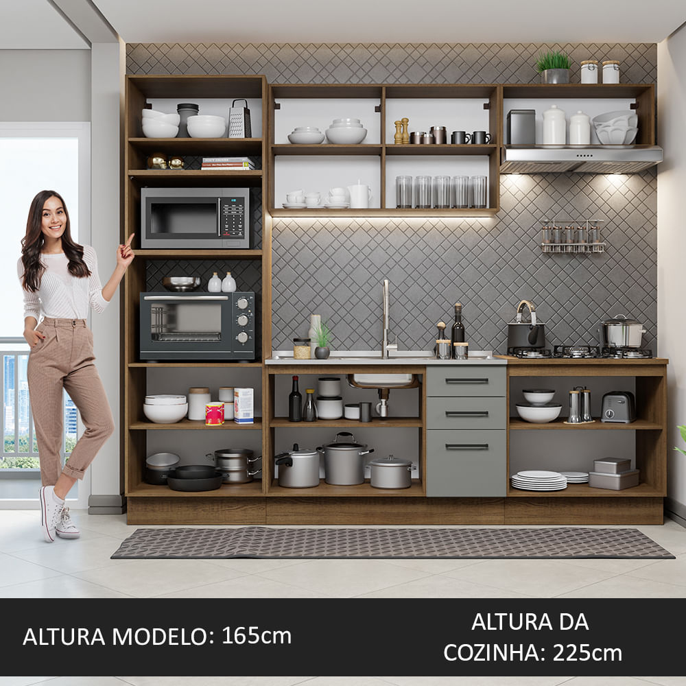 Armário de Cozinha Completa 270cm Rustic/Cinza Agata Madesa 01