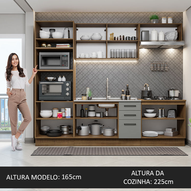 Armário de Cozinha Completa 270cm Rustic/Cinza Agata Madesa 01