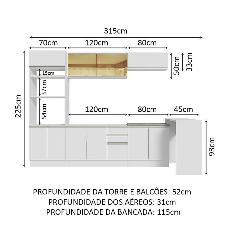 Armário de Cozinha Completa 315cm Branco Glamy Madesa 01