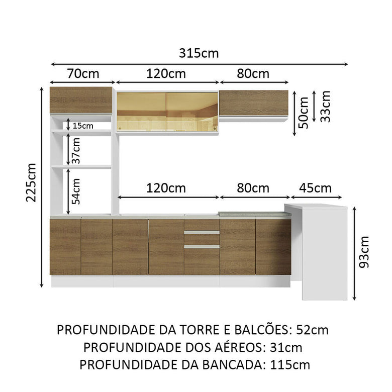 Armário de Cozinha Completa 315cm Branco/Rustic Glamy Madesa 01
