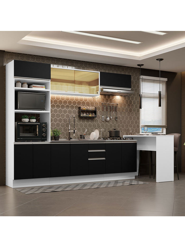 Armário de Cozinha Completa 315cm Branco/Preto Glamy Madesa 01