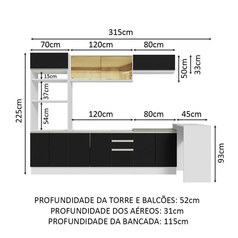 Armário de Cozinha Completa 315cm Branco/Preto Glamy Madesa 01