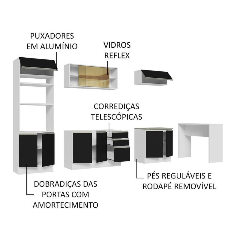 Armário de Cozinha Completa 315cm Branco/Preto Glamy Madesa 01
