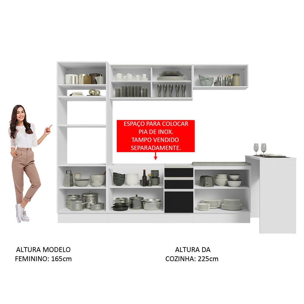 Armário de Cozinha Completa 315cm Branco/Preto Glamy Madesa 01