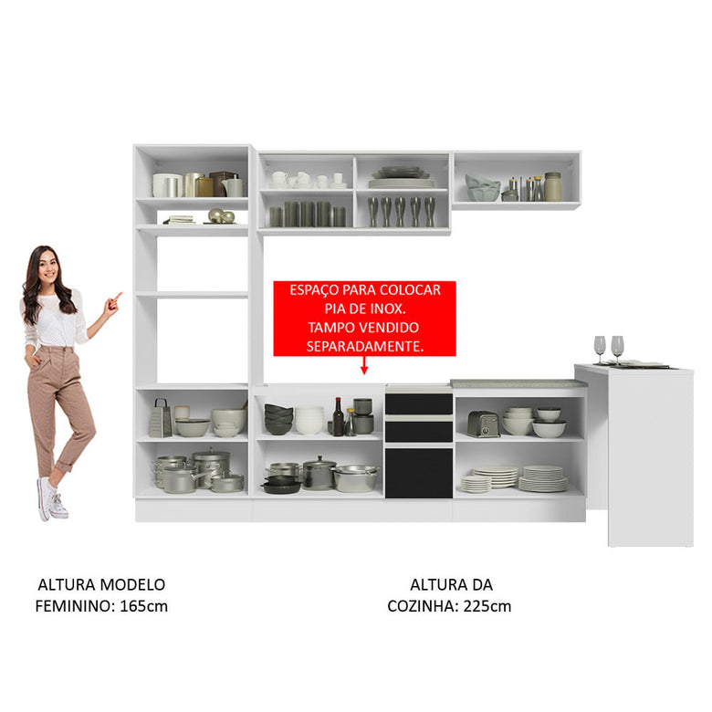 Armário de Cozinha Completa 315cm Branco/Preto Glamy Madesa 01