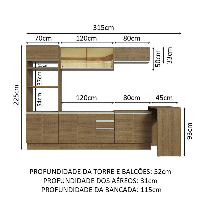 Armário de Cozinha Completa 315cm Rustic Glamy Madesa 01