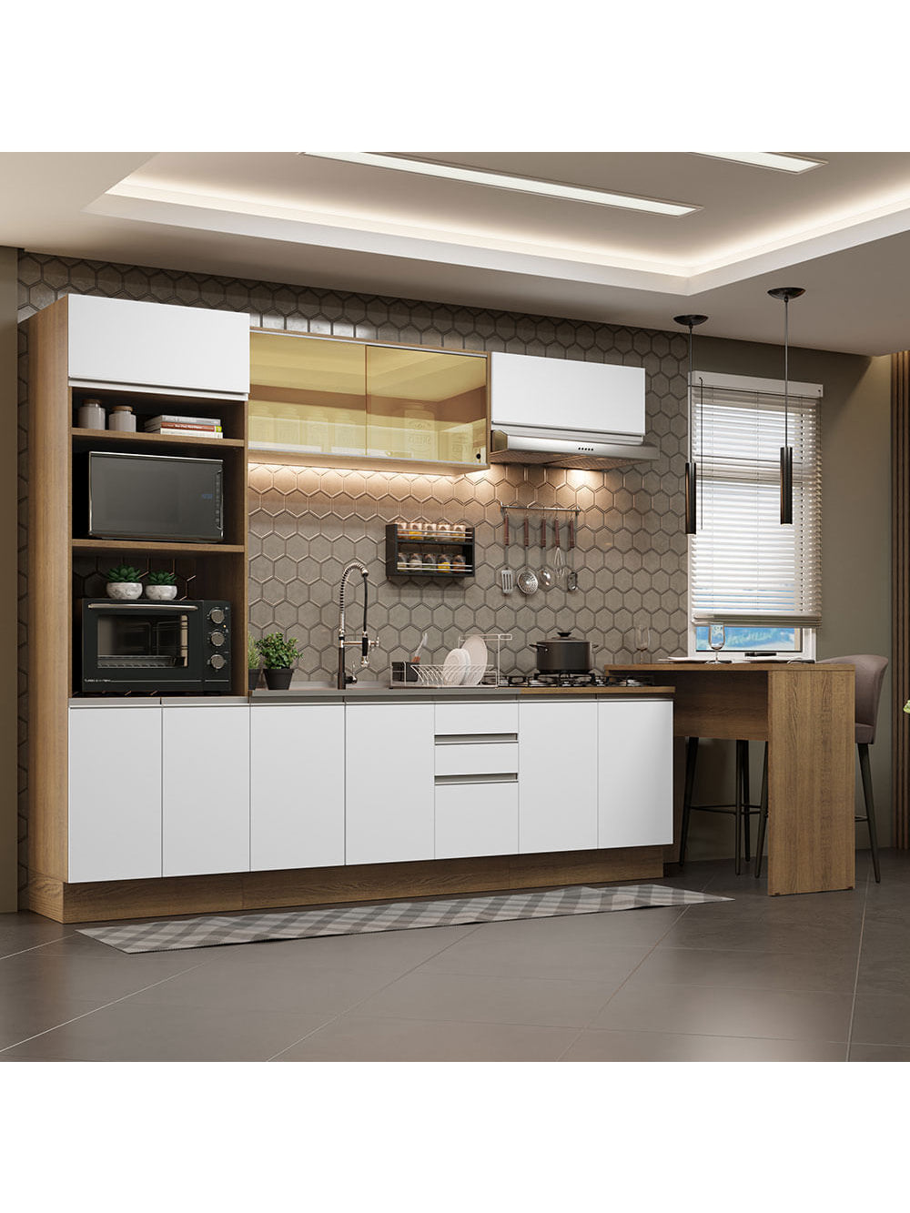 Armário de Cozinha Completa 315cm Rustic/Branco Glamy Madesa 01 - Rustic/Branco