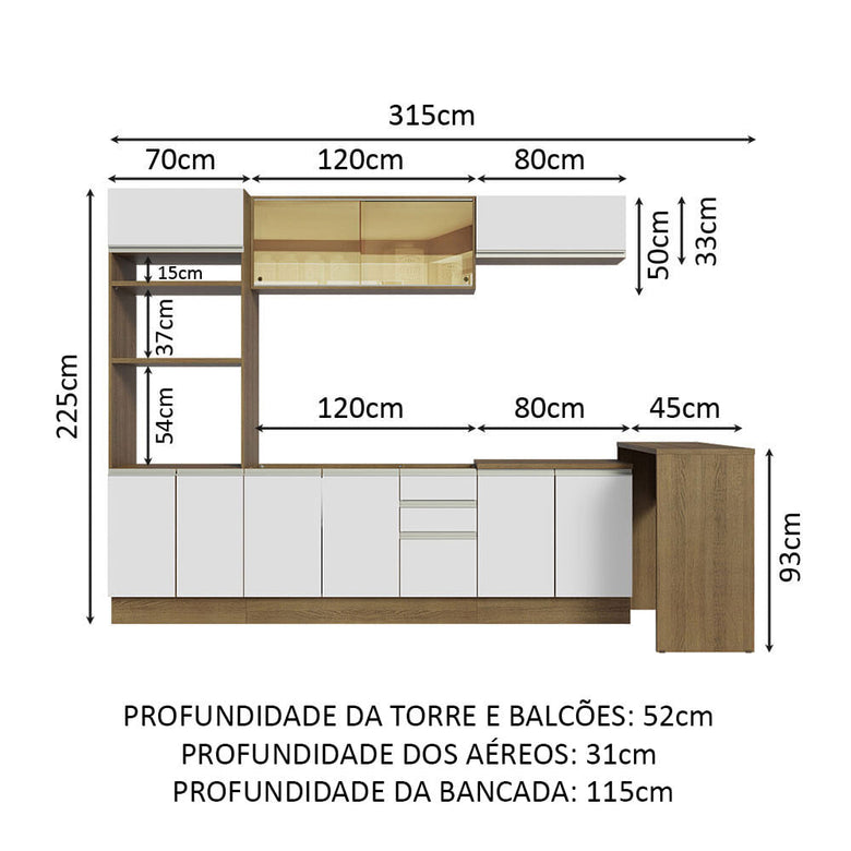 Armário de Cozinha Completa 315cm Rustic/Branco Glamy Madesa 01
