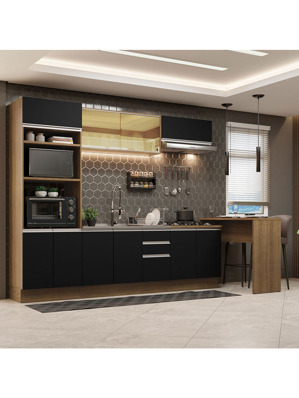 Armário de Cozinha Completa 315cm Rustic/Preto Glamy Madesa 01 - Rustic/Preto