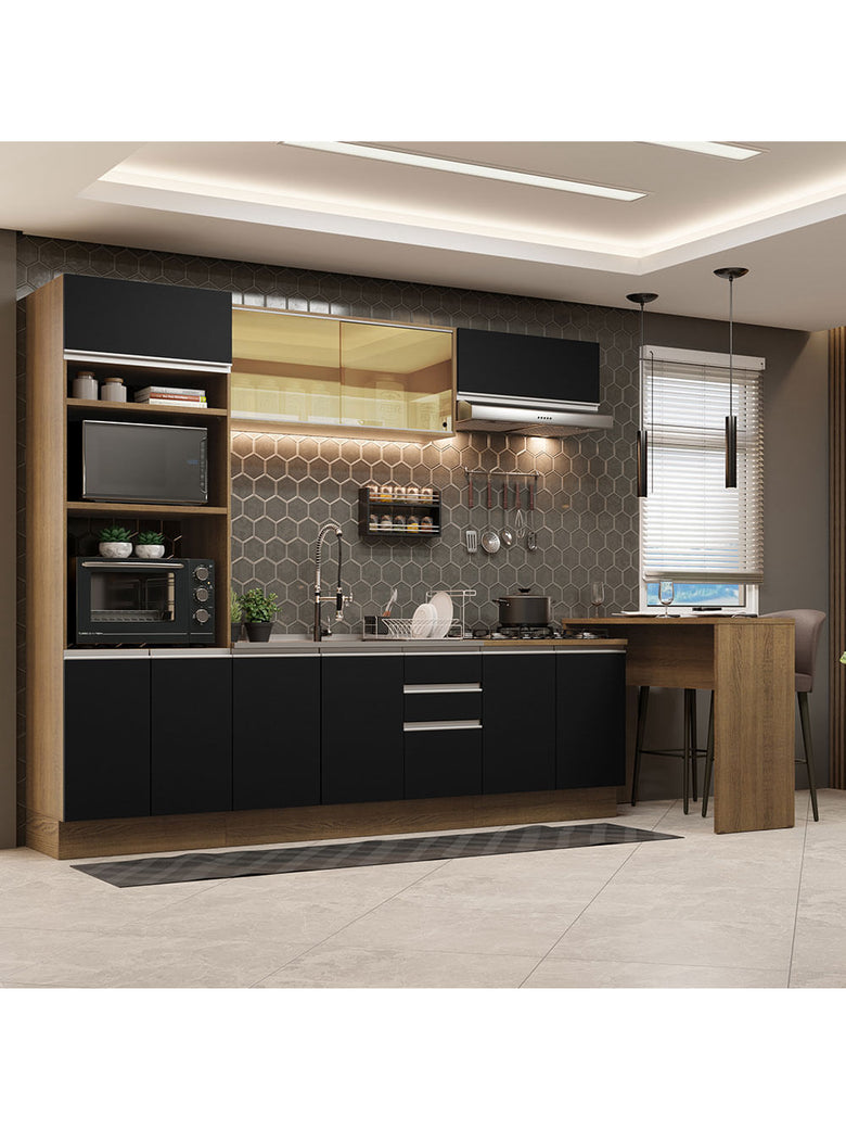 Armário de Cozinha Completa 315cm Rustic/Preto Glamy Madesa 01