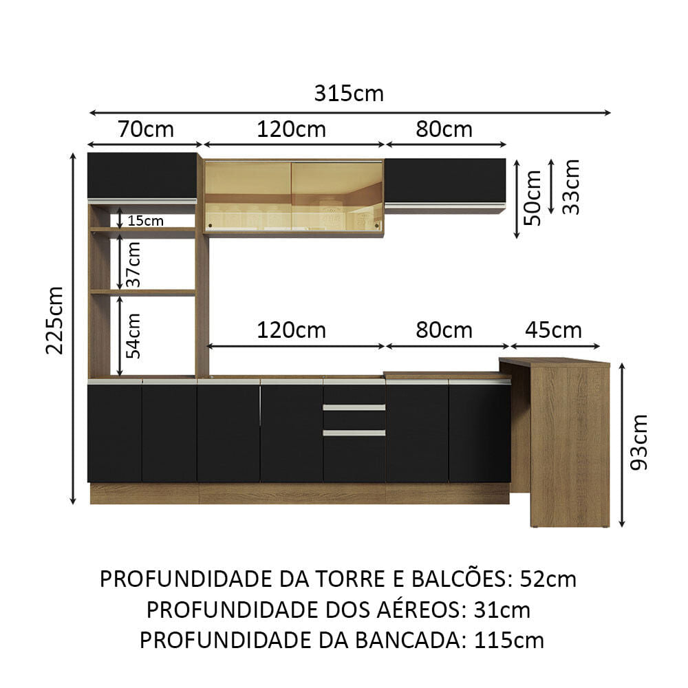 Armário de Cozinha Completa 315cm Rustic/Preto Glamy Madesa 01