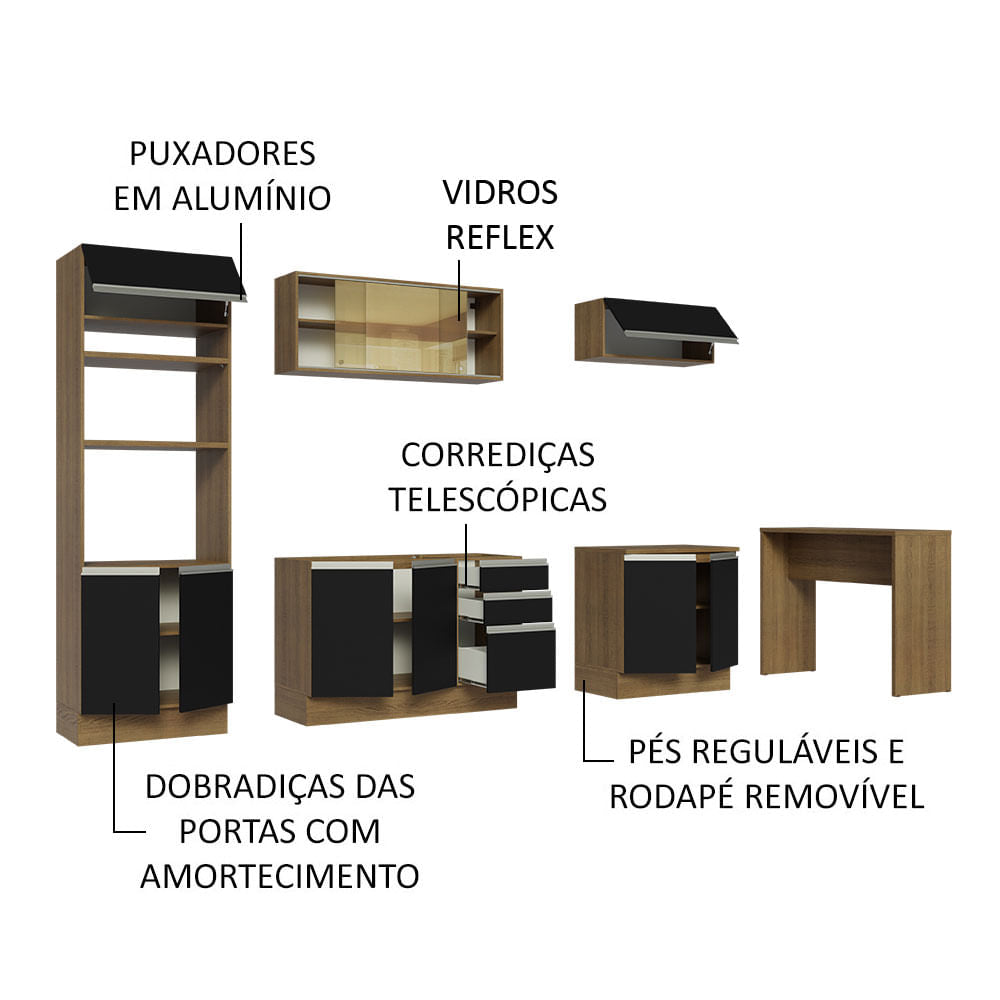 Armário de Cozinha Completa 315cm Rustic/Preto Glamy Madesa 01