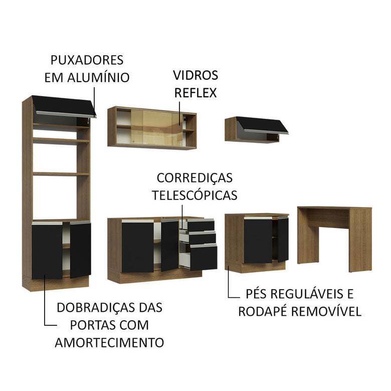 Armário de Cozinha Completa 315cm Rustic/Preto Glamy Madesa 01