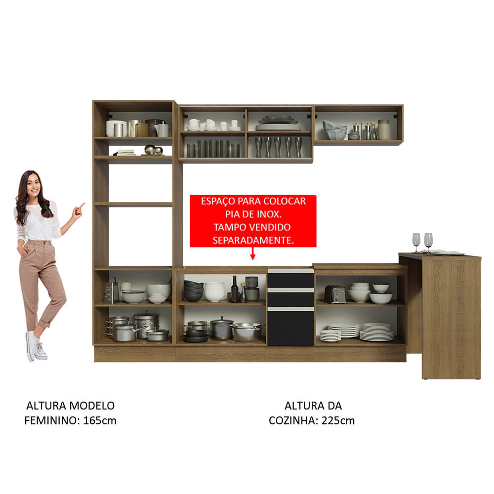 Armário de Cozinha Completa 315cm Rustic/Preto Glamy Madesa 01