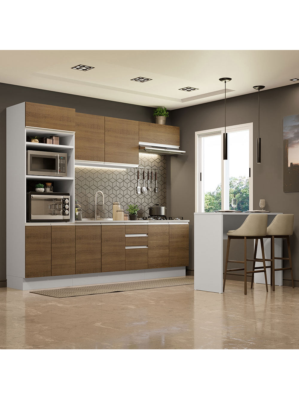 Armário de Cozinha Completa 315cm Branco/Rustic Glamy Madesa 02 - Branco/Rustic