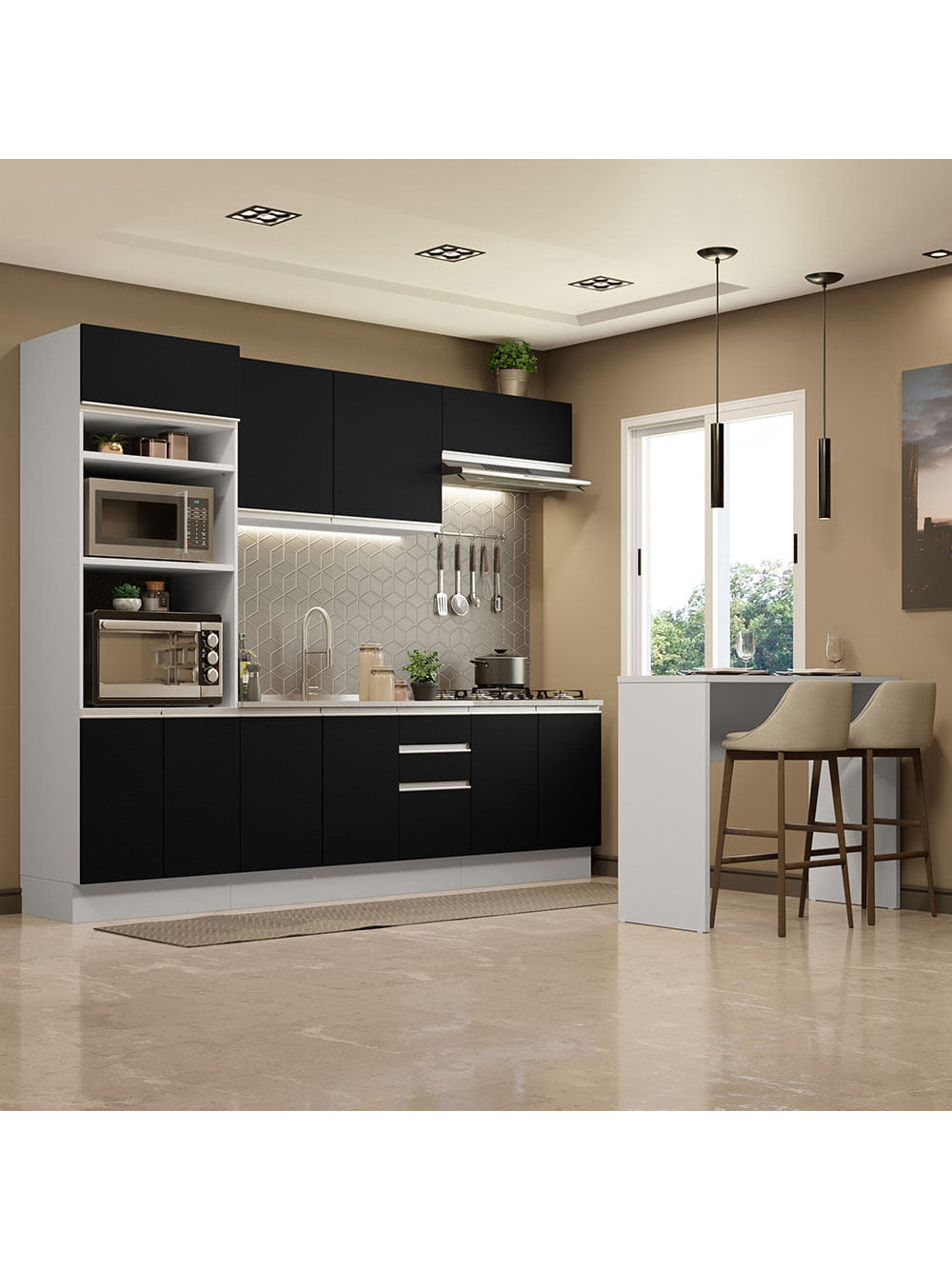 Armário de Cozinha Completa 315cm Branco/Preto Glamy Madesa 02 - Branco/Preto