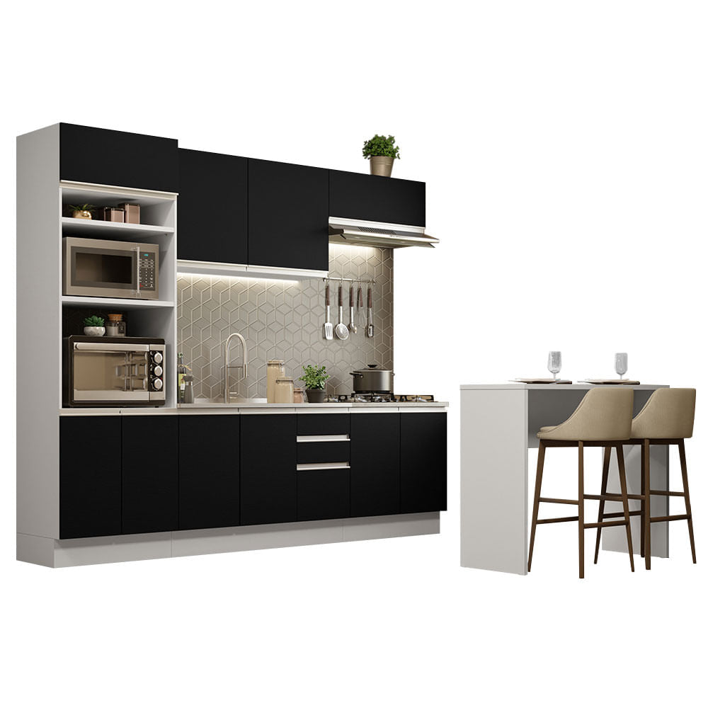 Armário de Cozinha Completa 315cm Branco/Preto Glamy Madesa 02 - Branco/Preto