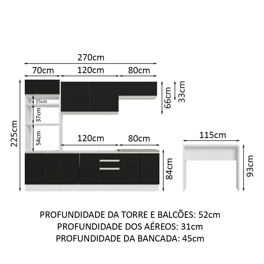 Armário de Cozinha Completa 315cm Branco/Preto Glamy Madesa 02