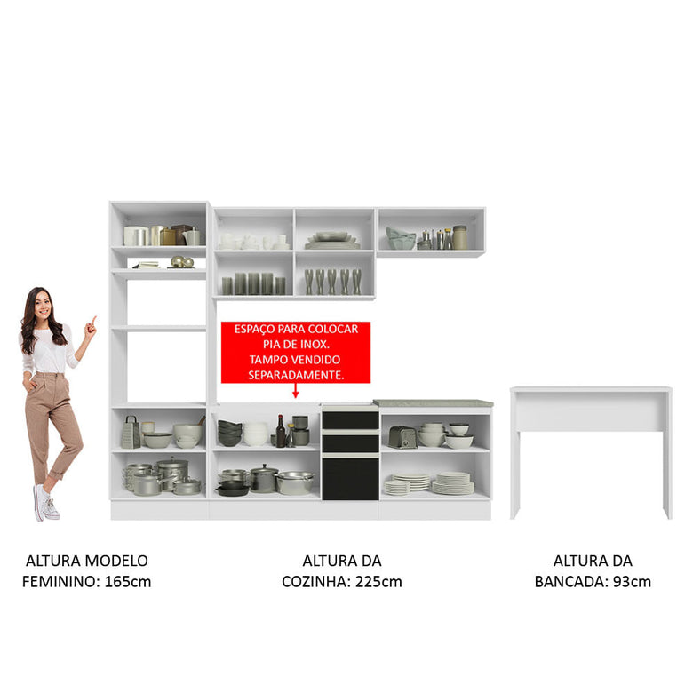 Armário de Cozinha Completa 315cm Branco/Preto Glamy Madesa 02