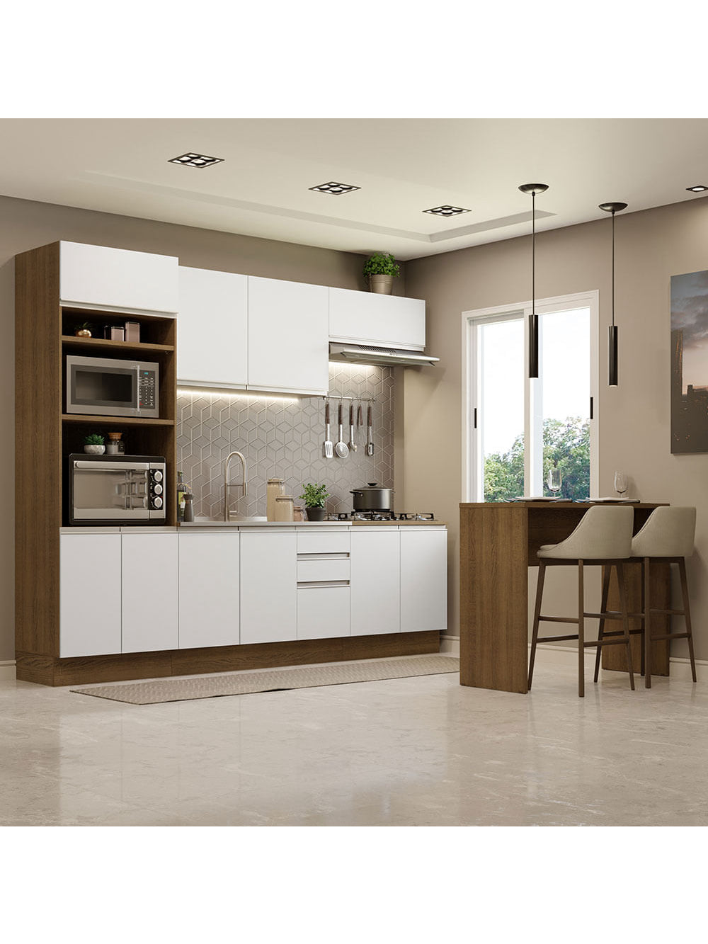 Armário de Cozinha Completa 315cm Rustic/Branco Glamy Madesa 02 - Rustic/Branco