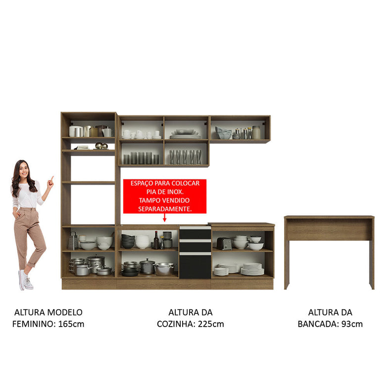 Armário de Cozinha Completa 315cm Rustic/Preto Glamy Madesa 02