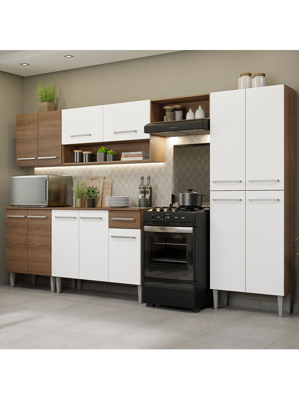 Armário de Cozinha Completa 293cm Rustic/Branco Emilly Madesa 01 - Rustic/Branco