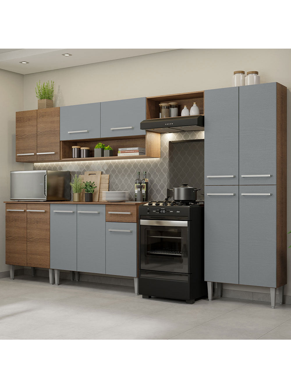 Armário de Cozinha Completa 293cm Rustic/Cinza Emilly Madesa 01 - Rustic/Cinza