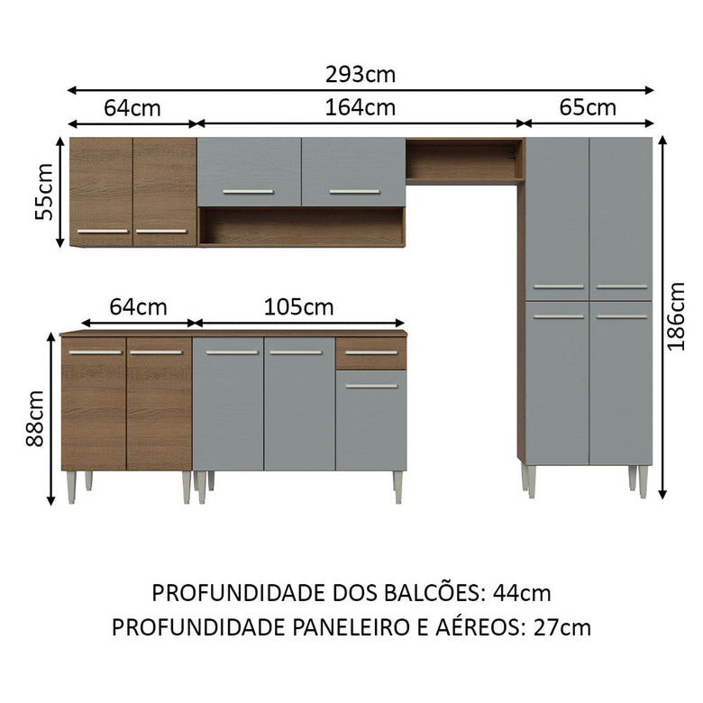 Armário de Cozinha Completa 293cm Rustic/Cinza Emilly Madesa 01