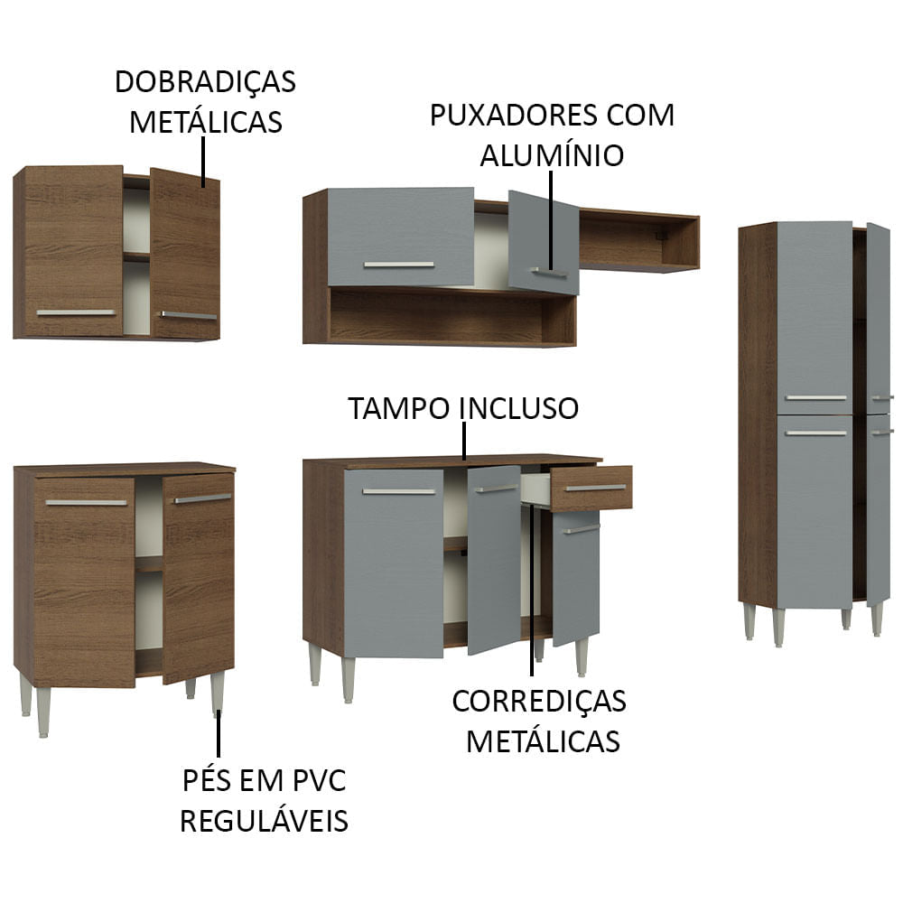 Armário de Cozinha Completa 293cm Rustic/Cinza Emilly Madesa 01