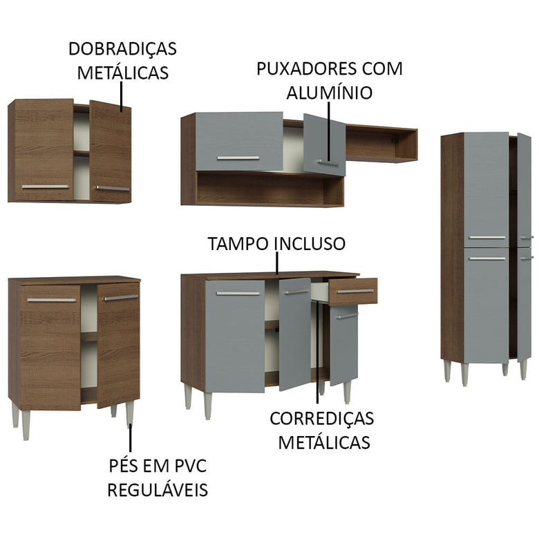 Armário de Cozinha Completa 293cm Rustic/Cinza Emilly Madesa 01