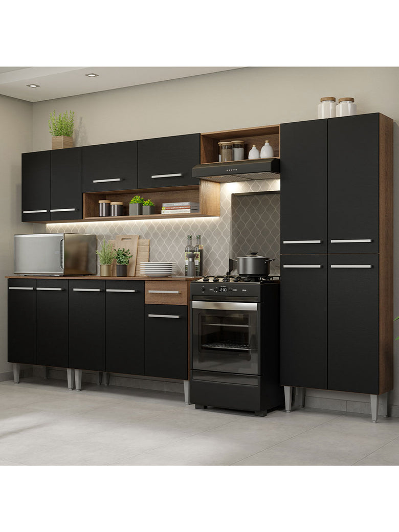 Armário de Cozinha Completa 293cm Rustic/Preto Emilly Madesa 01
