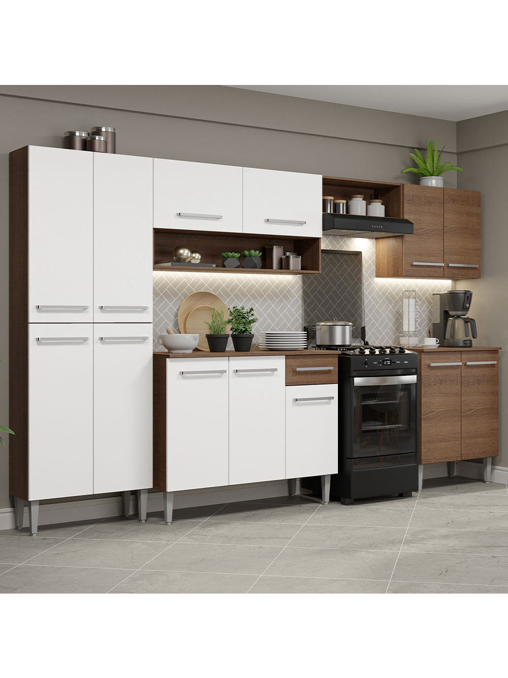Armário de Cozinha Completa 293cm Rustic/Branco Emilly Madesa 01XA - Rustic/Branco