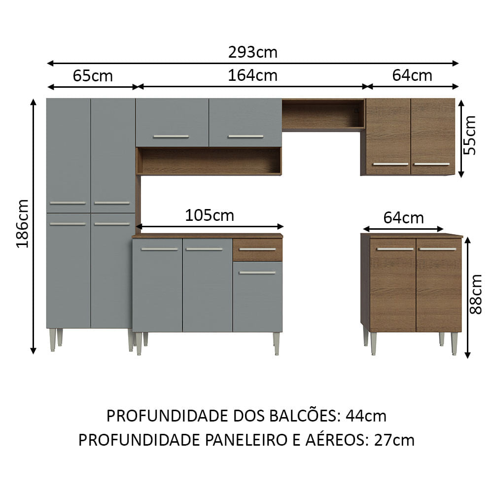 Armário de Cozinha Completa 293cm Rustic/Cinza Emilly Madesa 01XA