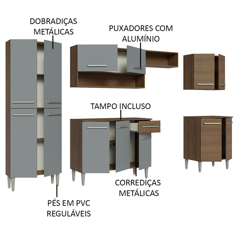 Armário de Cozinha Completa 293cm Rustic/Cinza Emilly Madesa 01XA