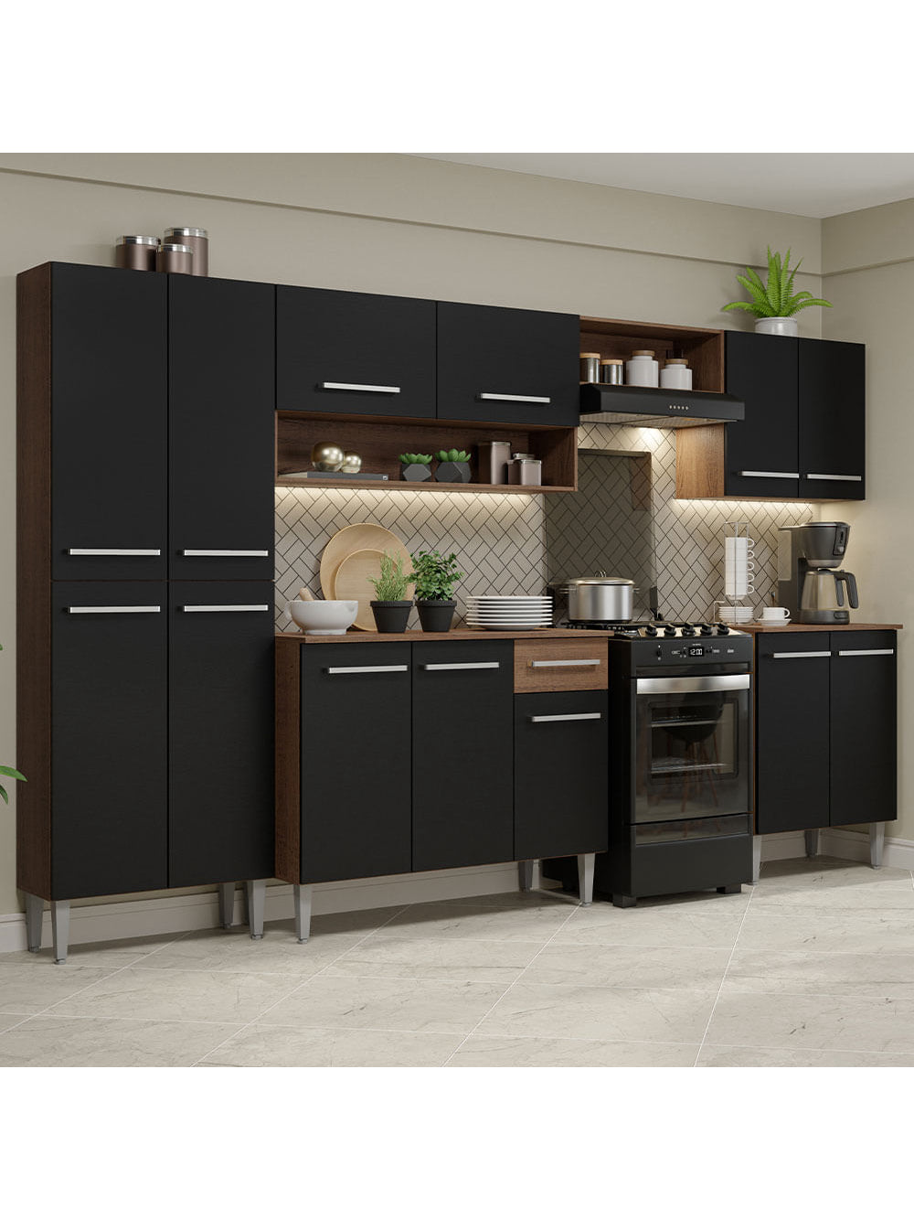 Armário de Cozinha Completa 293cm Rustic/Preto Emilly Madesa 01XA - Rustic/Preto