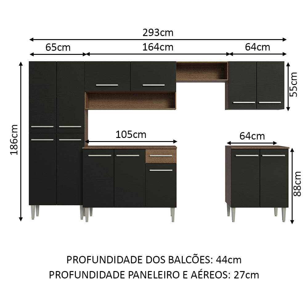 Armário de Cozinha Completa 293cm Rustic/Preto Emilly Madesa 01XA