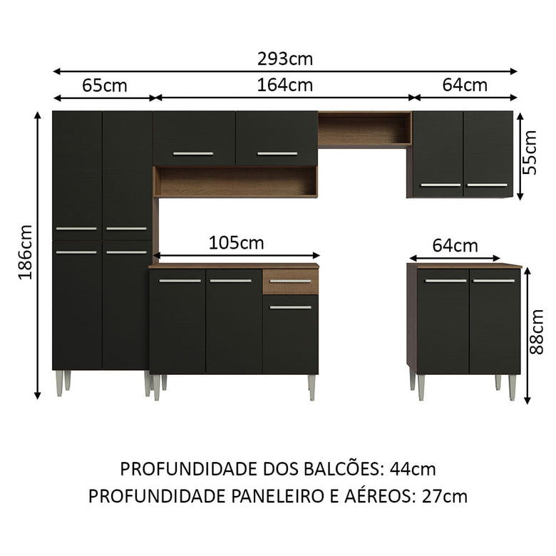 Armário de Cozinha Completa 293cm Rustic/Preto Emilly Madesa 01XA